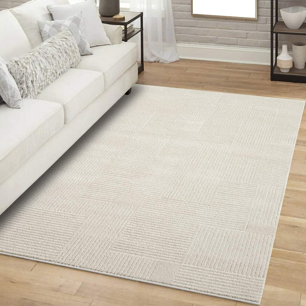 Teppich Kurzflor Wohnzimmer - Beige - Gestreift, Modern - 3D-Effektt