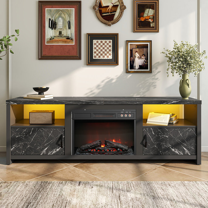 70" TV Stand With 23" Electric Fireplace For Tvs To 80", 3 Vintage Button Control Design, Over Heat Protection, Black