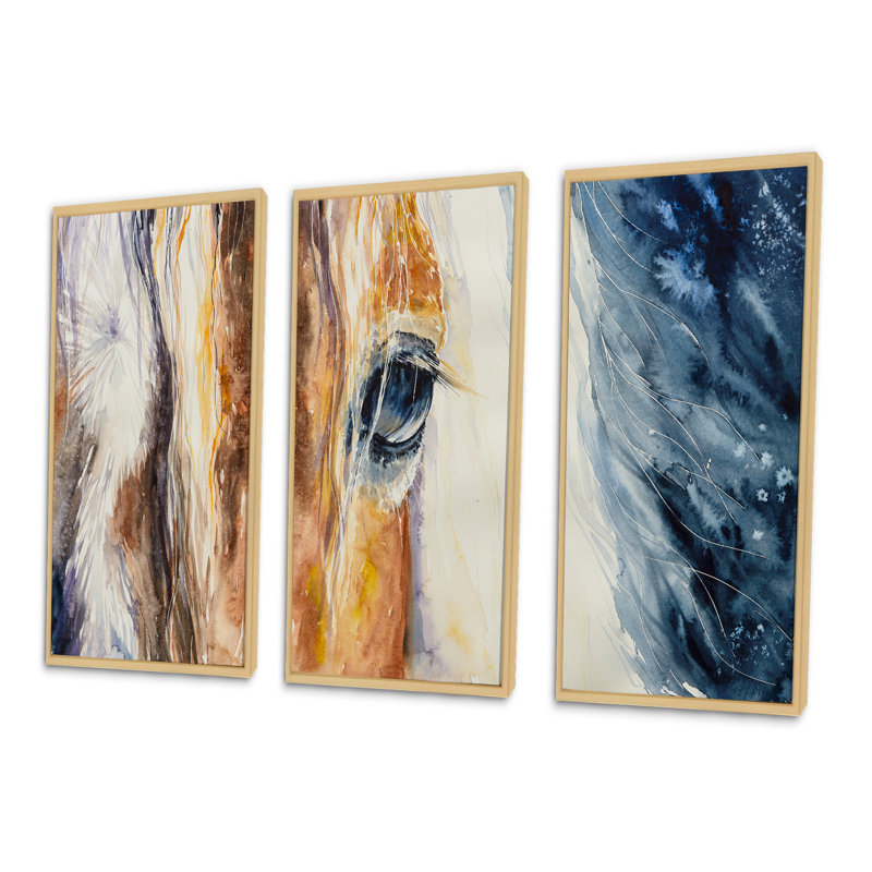 Gros plan sur un magnifique œil de cheval I - peinture sur toile flottante 3 pièces, H 32 po x l 48 po, Or