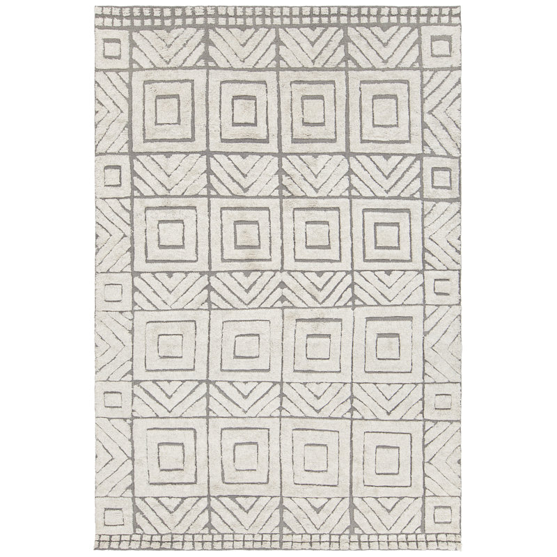 Genna Hand-Knotted White/Gray Area Rug, Rectangle 5' x 7'6"