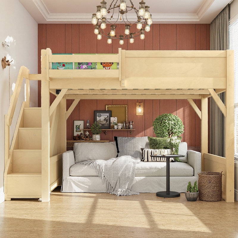 Lit mezzanine en bois massif UnaCubby avec garde-robe intégré, rangement et escalier, sans sommier, Naturel