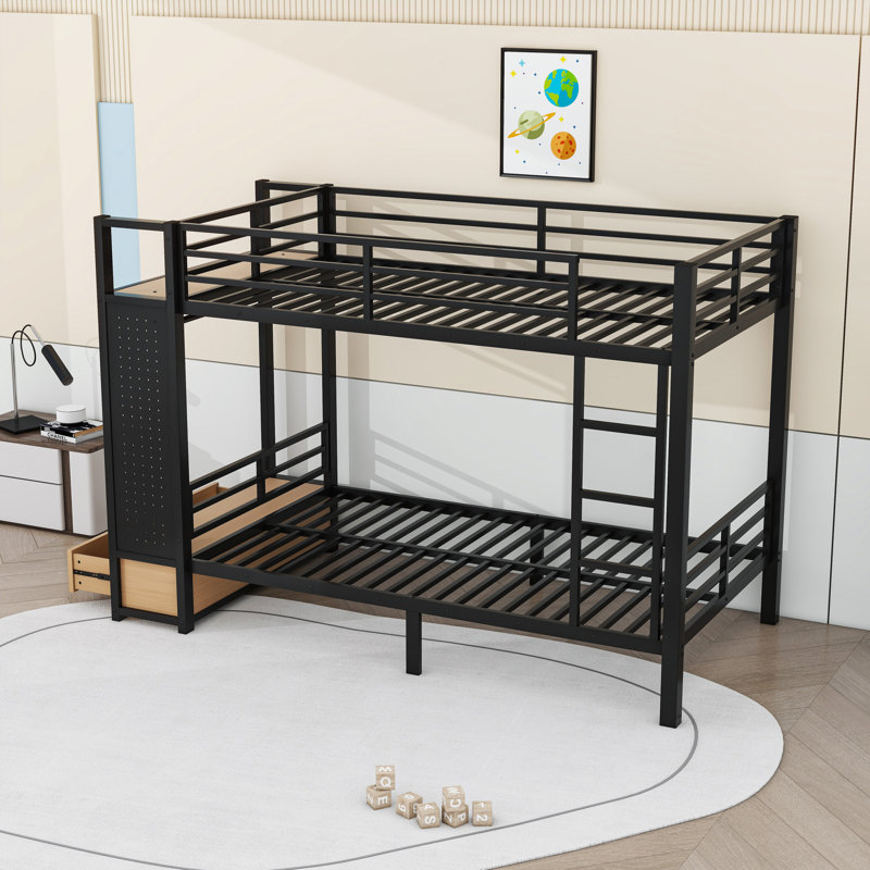 Lit superposé simple en métal avec tablettes, panneau perforé et barre de suspension à 2 tiroirs