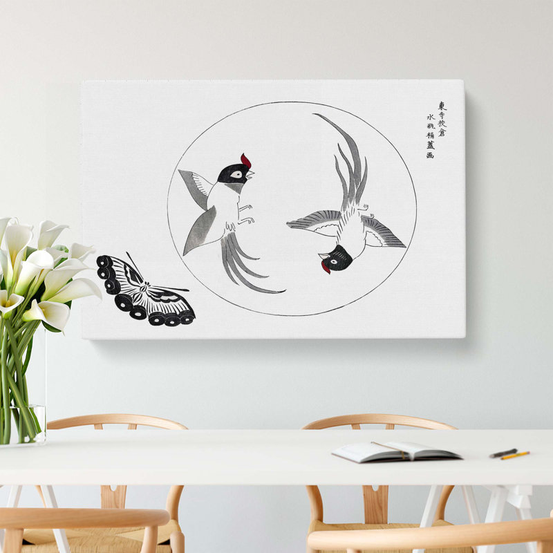 Two Birds & Butterfly by Taguchi Tomoki - Wrapped Canvas Painting, 35cm H x 50cm W x 3cm D