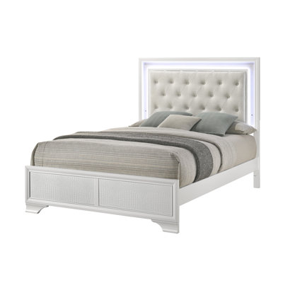 Modern Full Size Panel Bed For Bedroom, Upholstered Headboard With Integrated Led, Button , Textured Design, Frost And Oat Color Featuring Finish,
