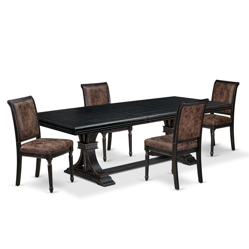 L'ensemble de table de salle à manger 5 pièces Mid-Century se compose d'une table de salle à manger et de 4 chaises en cuir de polyuréthane brun texturé avec dossier haut - fini noir sablé