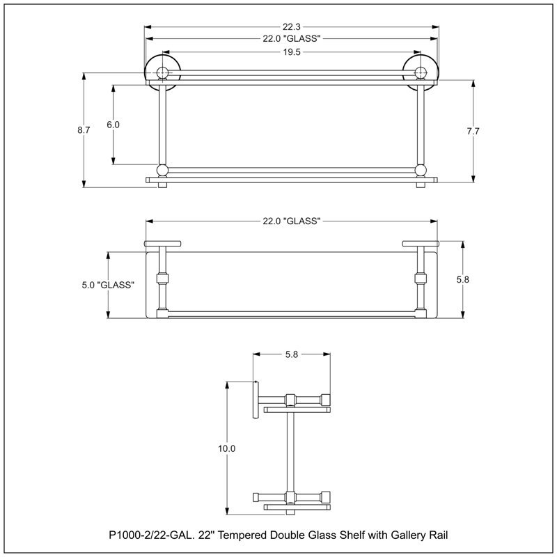 Tablette double en verre trempé avec rail Gallery P1000, H 8 po x l 22 po x P 5 po, Or espagnol