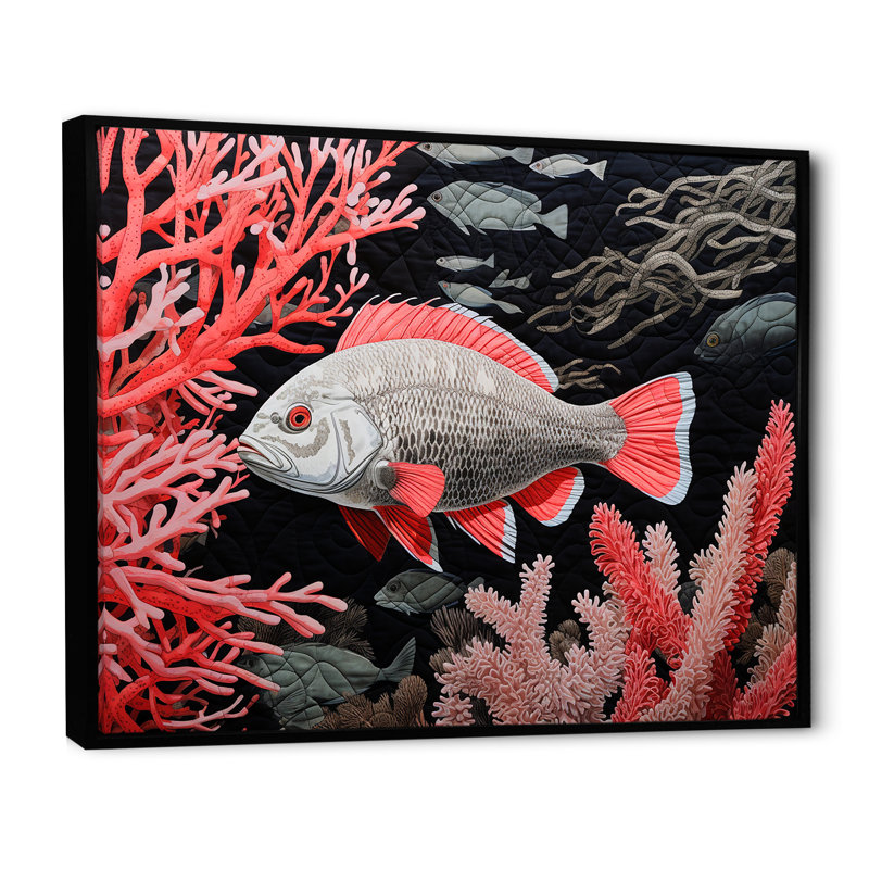 Impression sur toile monochrome de poissons roses et noirs sur toile, Cadre flottant noir, H 30 po x l 40 po x P 1,5 po