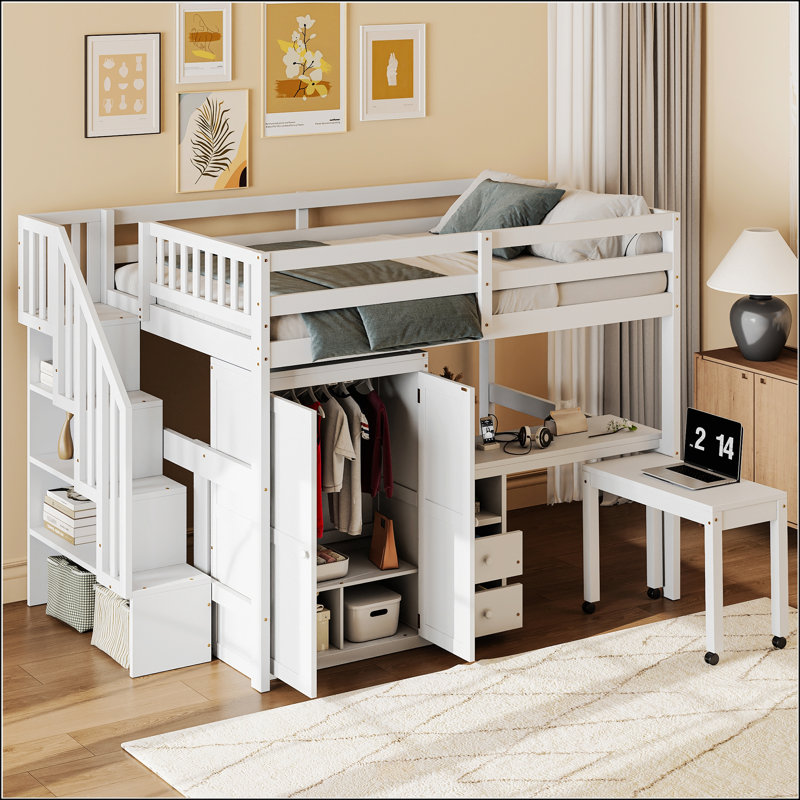 Lit mezzanine double avec escalier, Double, Blanc
