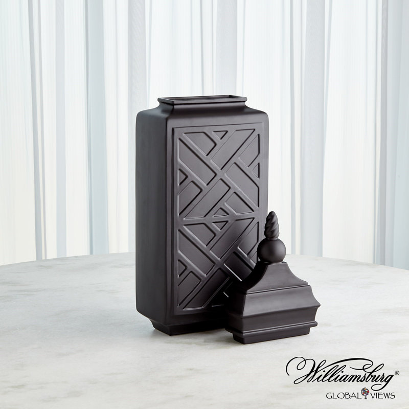 Chinoiserie Handmade Ceramic Jar, Matte Black, 30" H x 10.5" W x 6" D