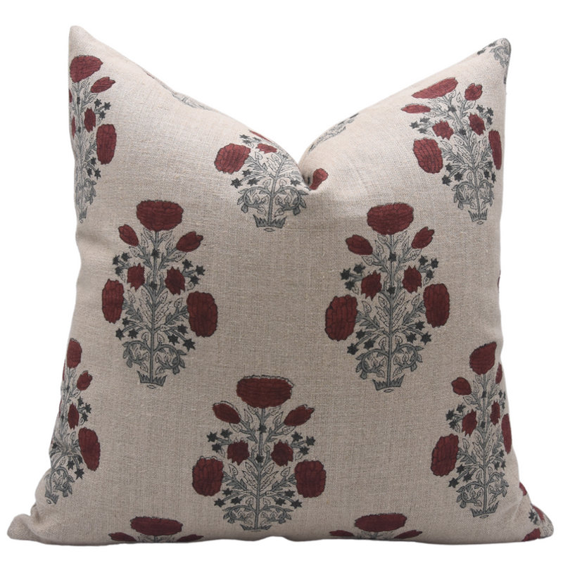 Coussin décoratif en lin imprimé à la main Fab Divine Swadesh, 18 po x 18 po, Motif floral rouge 4, Carré