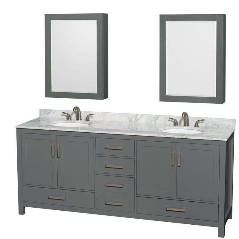 Sheffield 80" Freestanding Double Bathroom Vanity with Marble Top with Medicine Cabinets, White Carrara