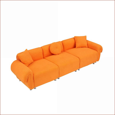 Sofas Couches 112” 3-Seat 70's-Inspired Orange Teddy Velvet with 3 Pillows | Living Room | Orange | Polyester Blend