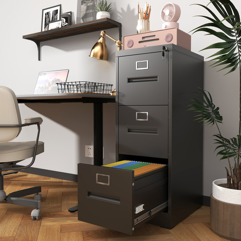 3 Drawer Vertical File Cabinet With Lock, A4 Legal/Letter Size, Construction, Quiet Operation , Smooth Surface, Black