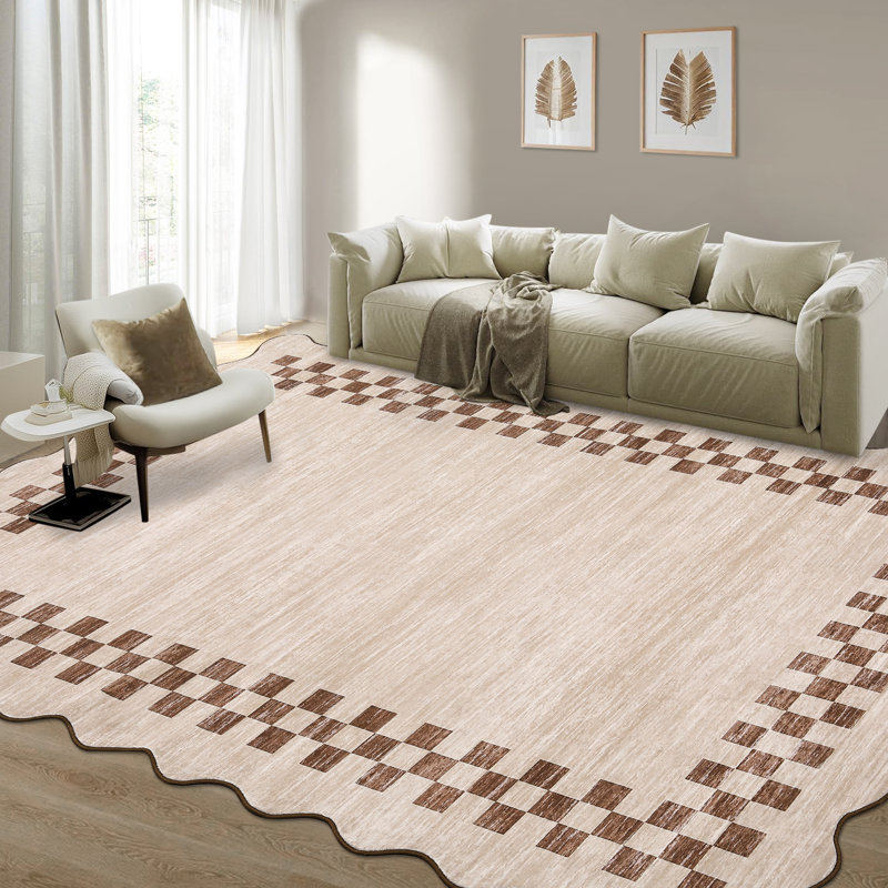 Scalloped Area Rug Modern Bordered Accent Carpet, Non-Slip Geometric Floor Cover, Stain-Resistant Low Pile Indoor Mat, Easy to Clean Rugs