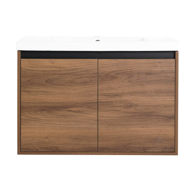 Meuble-lavabo de 30 po de couleur brun avec lavabo en résine et armoire à 2 portes - Fabriqué en bois d'ingénierie pour une durabilité à long terme contre les égratignures, la corrosion, la polyvalence dans la salle de bain, la douche extérieure et la buanderie