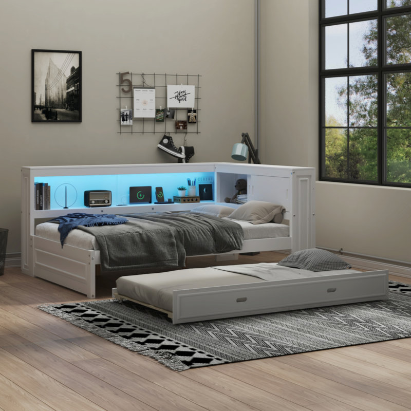 Lit de jour avec tablettes de rangement, USB, DEL et lit gigogne, Blanc