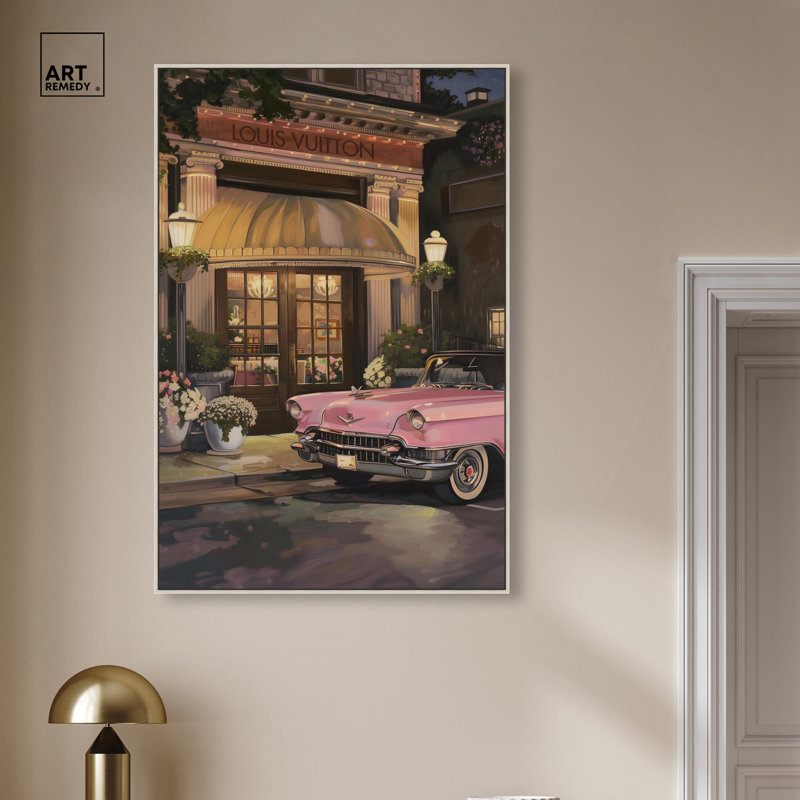 «Classic Car Store visite Canvas» par Art Remedy, H 46 po x l 31 po, Noir, Cadre flottant