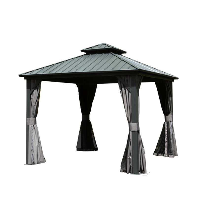 Pavillon de jardin en aluminium et métal avec double toit et rideau, idéal pour la terrasse, la cour, la terrasse, le toit en acier galvanisé gris, gris divertissement