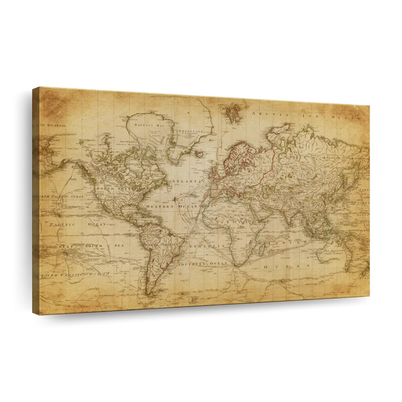Carte du vieux monde sur toile, H 26 po x l 39 po x P 1,25 po