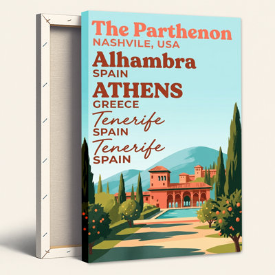 Tableau sur toile représentant le palais de l'Alhambra rouge avec des cyprès et des orangers