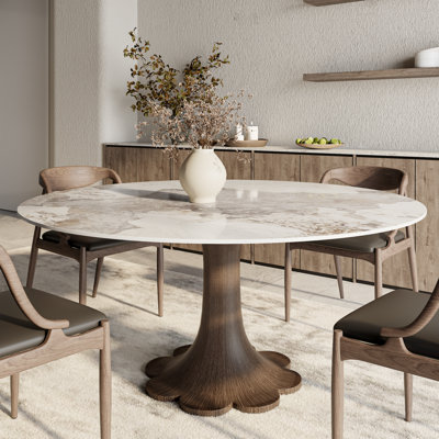 Table de salle à manger ronde ronde en pierre avec base en bois massif pour 4 à 10 personnes