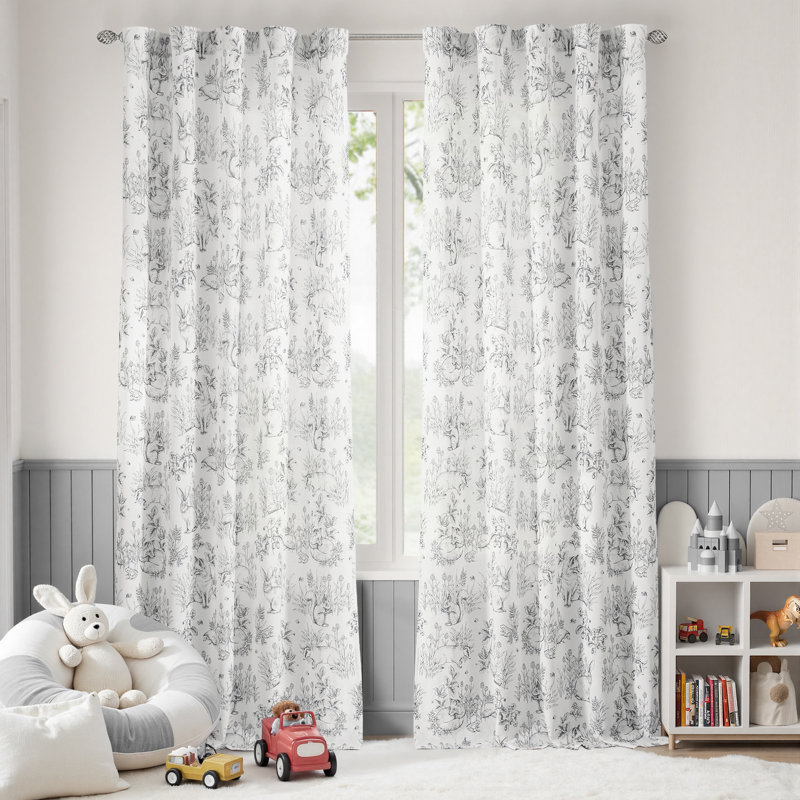 Semi Sheer Kids Curtains Floral Bunny Forest Curtains for Girl Room Rod Pocket Curtain Pair, Gray, 50" W x 84" L