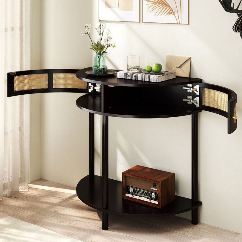 Unique Half Moon Design End Table With Sliding Rattan Door,Elegant Semi-Circle Entryway Console Table With 2 Rattan Storage Cabinet And Bottom Shelf