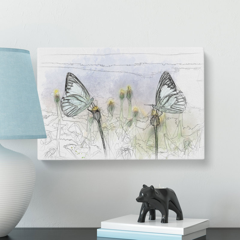 Two Butterflies Upon Yellow Flowers - Wrapped Canvas, 60cm H x 91cm W x 3cm D