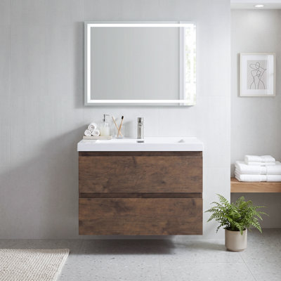 Meuble-lavabo mural de 76 cm (30 po) en mélamine noyer avec dessus en résine blanche et carbonate de calcium, deux tiroirs coulissants en forme de U à fermeture amortie, préassemblé.