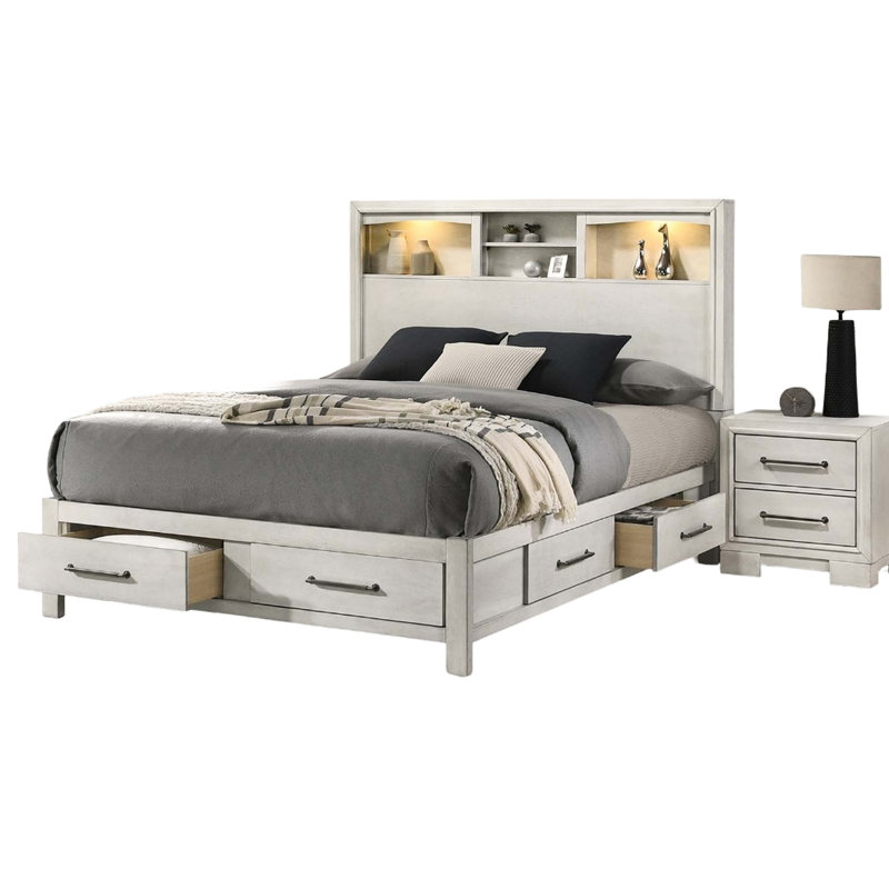 Très grand lit antique blanc de style transitionnel moderne avec tête de lit éclairée à DEL et tiroirs lisses ouverts