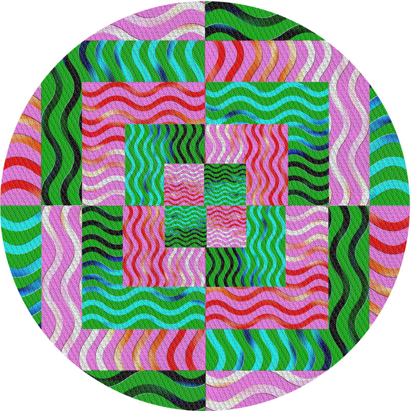 Tapis vert mer/rose à motifs, Rond 4 pi