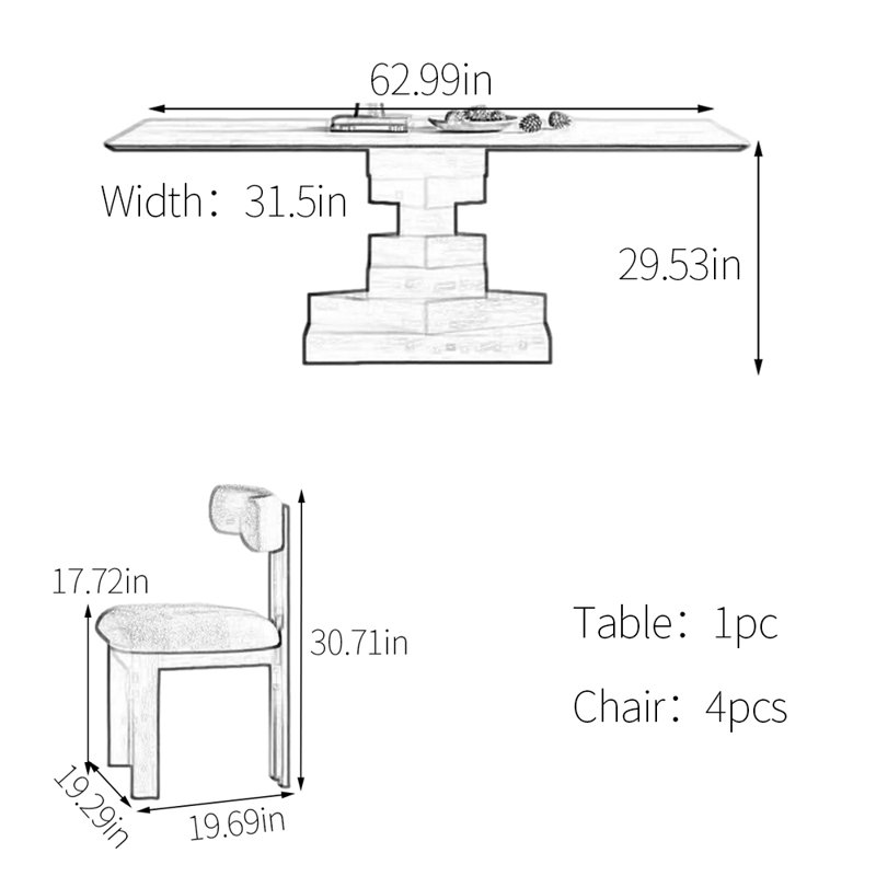 Creative block-stacking style dining table set, 29.53"H x 62.99"L x 31.5"W