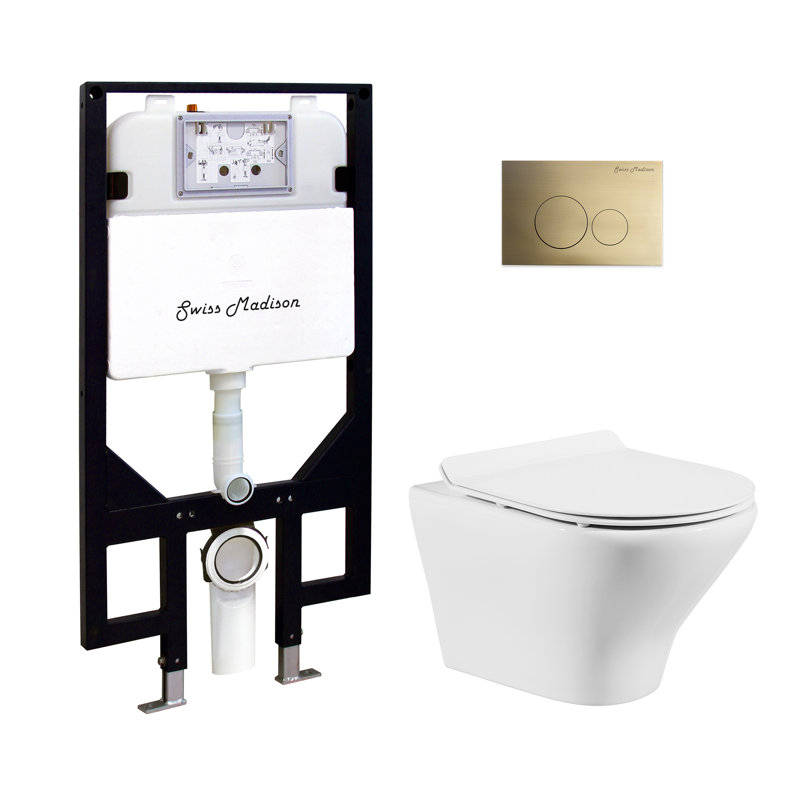 Monaco Wall-Hung Toilet Bundle 0.8/1.6 GPF Dual Flush In Glossy White With Flush Plate, Glossy White/Brass