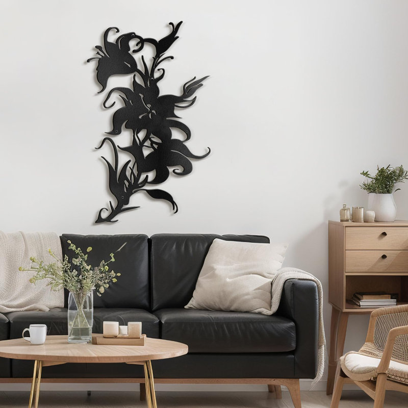 Fleurs, décoration murale abstraite moderne minimaliste, décoration murale en métal, H 24 po x l 14,91 po x P 0,05 po, Noir
