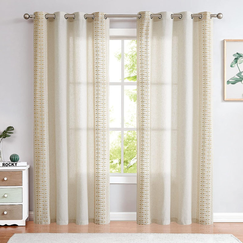 Paire de rideaux semi-transparents en lin Kidist, L 50 po x L 95 po, Or/beige