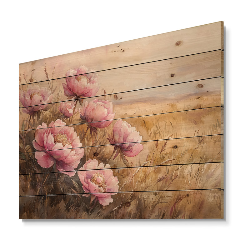 Pivoines par la prairie ouverte I - Art mural en bois de pivoines - sur bois de pin naturel, H 10 po x l 20 po x P 0,78 po