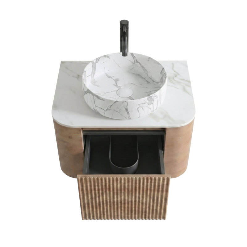 Meuble-lavabo mural moderne 24 po en chêne miel avec lavabo en céramique, armoire avec porte-serviettes (sans drain et robinet, pré-assemblé)