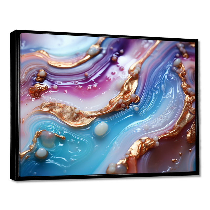 Opulent Agate Azure Dreams Glam - impression d'art mural en marbre, Cadre flottant noir, H 34 po x l 44 po