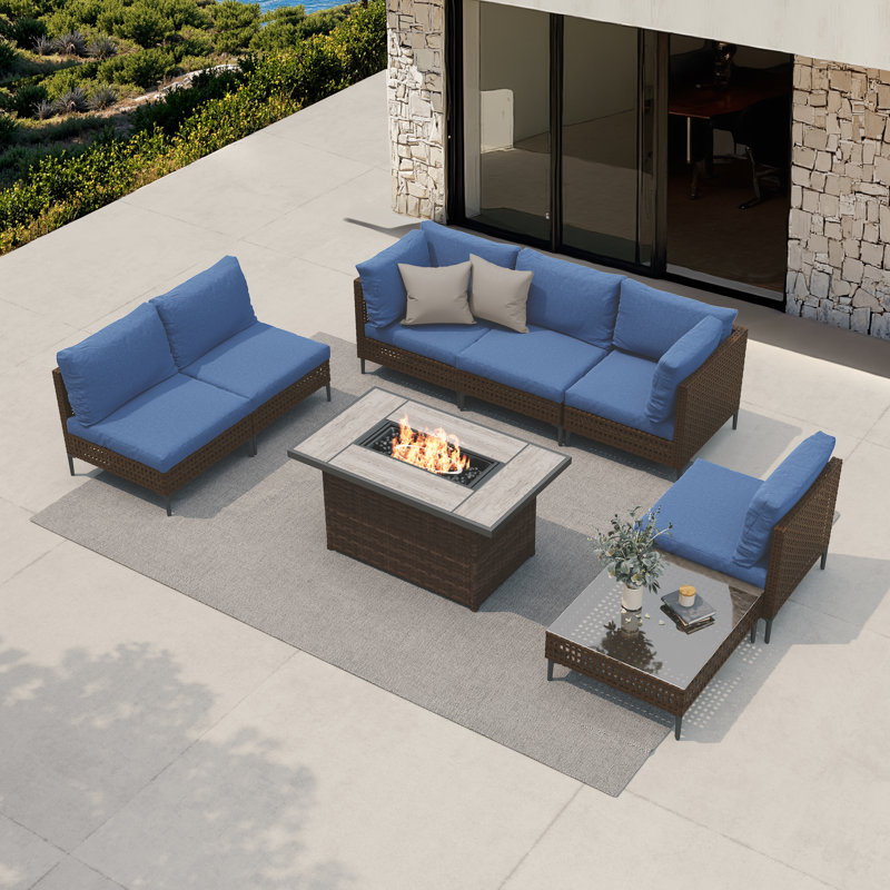 Ensemble de conversation d'extérieur pour 8 personnes avec table de foyer Mcbain, Bleu paon