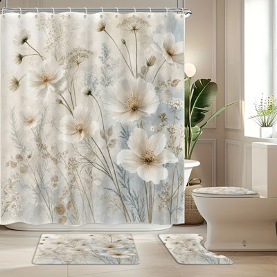 L'ensemble de salle de bain 4PCS présente un motif floral blanc cassé dans un style aquarelle doux et comprend un rideau de douche, un couvercle de toilette, un tapis de bain antidérapant et des accessoires. Combinant des couleurs vives avec une concep
