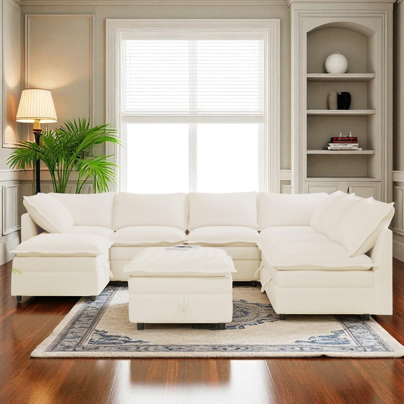 Avery 8 Piece Modular Upholstered Sectional Sofa Bed With Storage, Beige Chenille