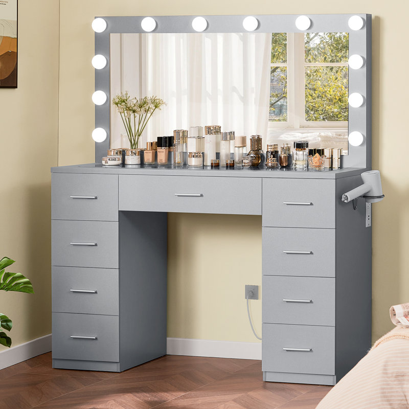 Grand meuble-lavabo de maquillage avec luminosité réglable à 3 modes et prise de courant, bureau de coiffeuse avec 9 tiroirs et bureau en verre