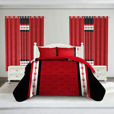 9-Piece Modern Red & Black Geometric Complete Bed in a Bag: Water Repellent Quilted Bedspread, 2 Shams, and 6-Panel Light Filtering Grommet Curtains - Transitional Coverlet Set