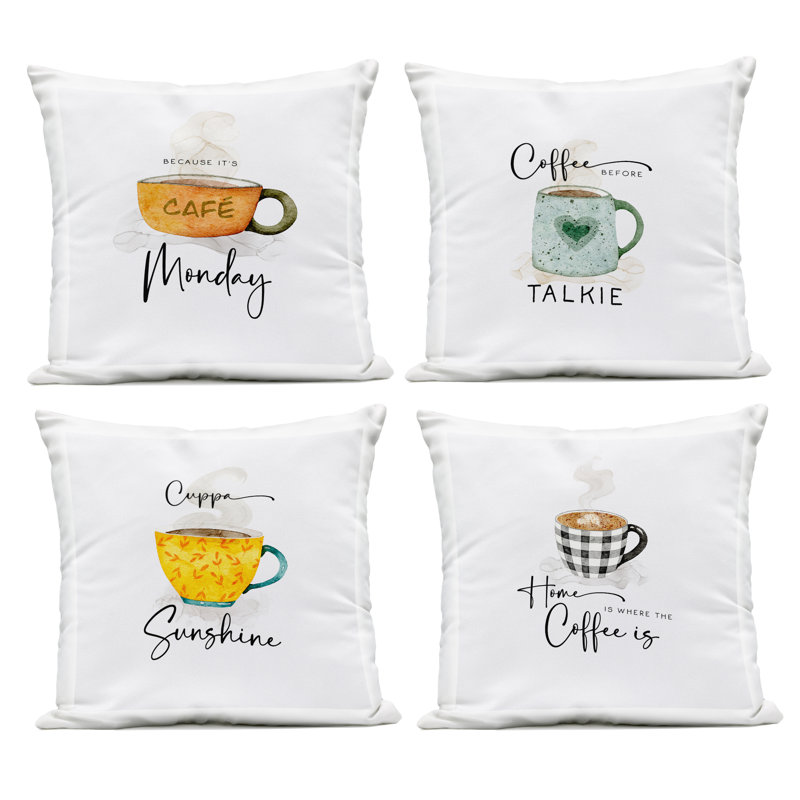 Ensemble de 4 coussins d'extérieur imprimés Coffee Delights, par Joy Hall