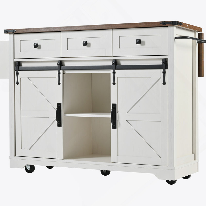Farmhouse Kitchen Island with Power Outlet, Sliding Barn Doors, and Drop Leaf for Versatile Storage and Functionality, White