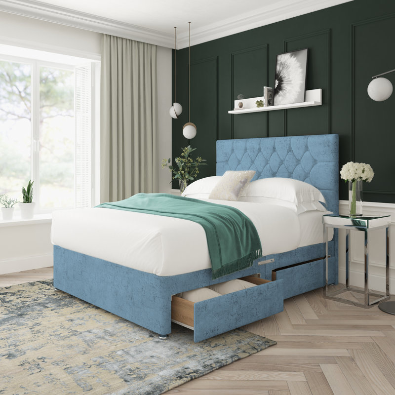 Upholstered Drawers Bed, Small Single (2'6), Ocean, Right Side Drawers