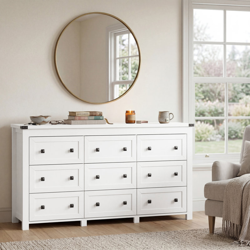 Commode 9 tiroirs pour chambre à coucher, commode large moderne, rangement en bois, Blanc / robuste