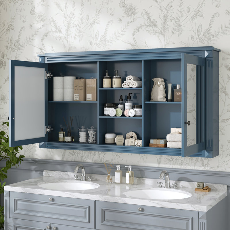 Armoire à miroir 55 pouces 2-en-1 murale avec tablettes réglables, Bleu