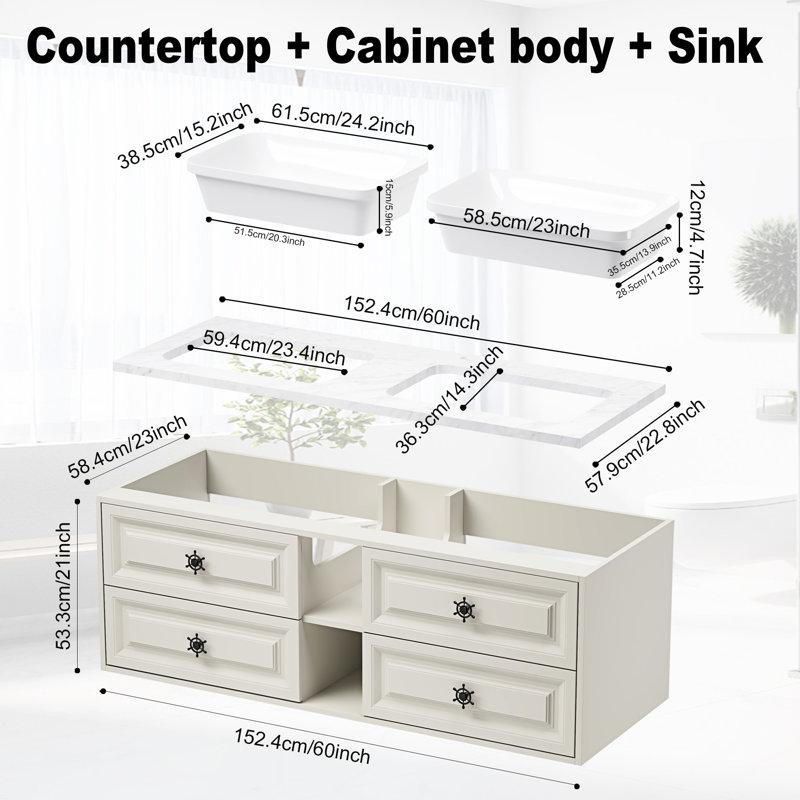 Meuble-lavabo double 60 po avec dessus en marbre Nijha
