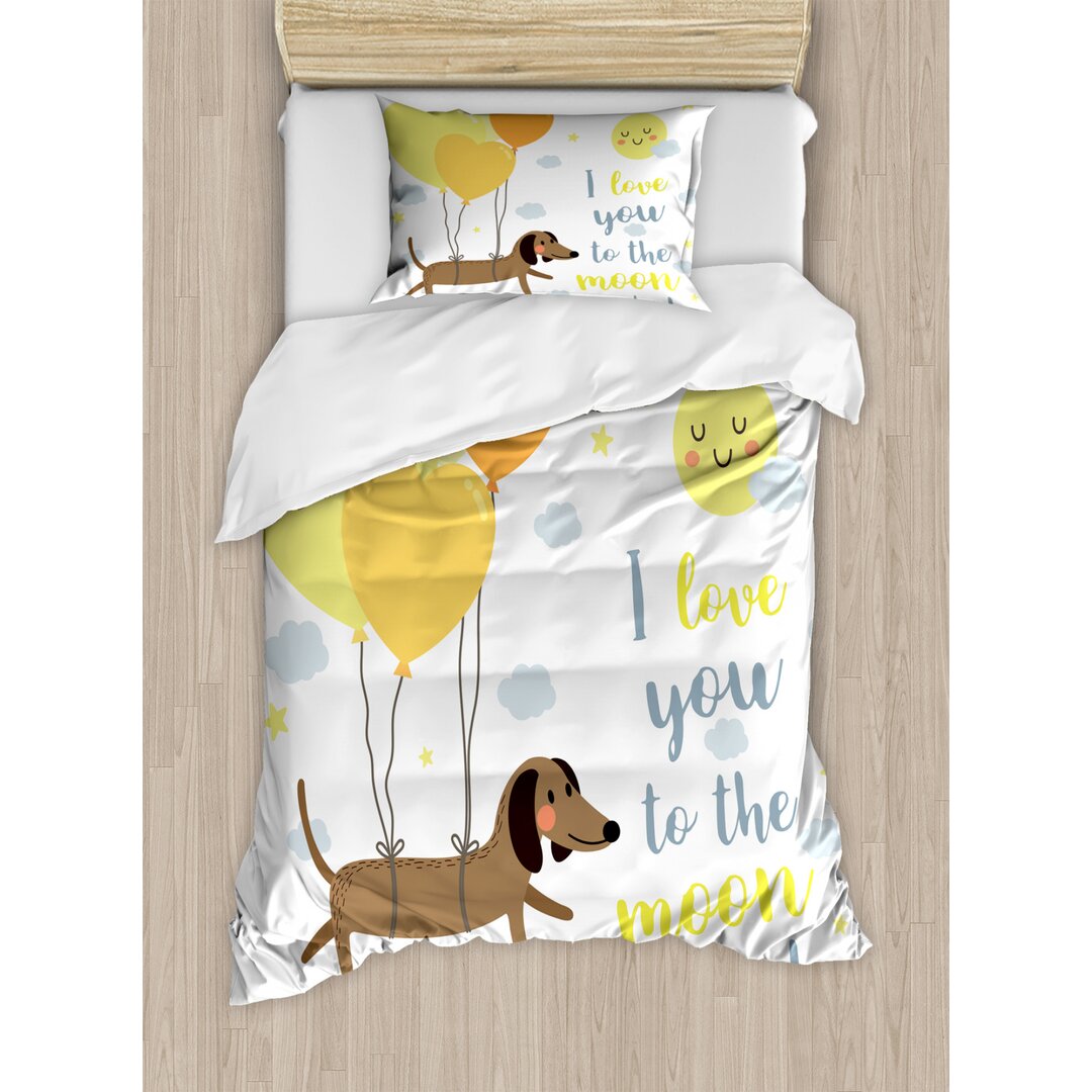 Bettbezug Set, Hunde Balloons, Ich liebe dich, Gelb Cocoa Blau Grau